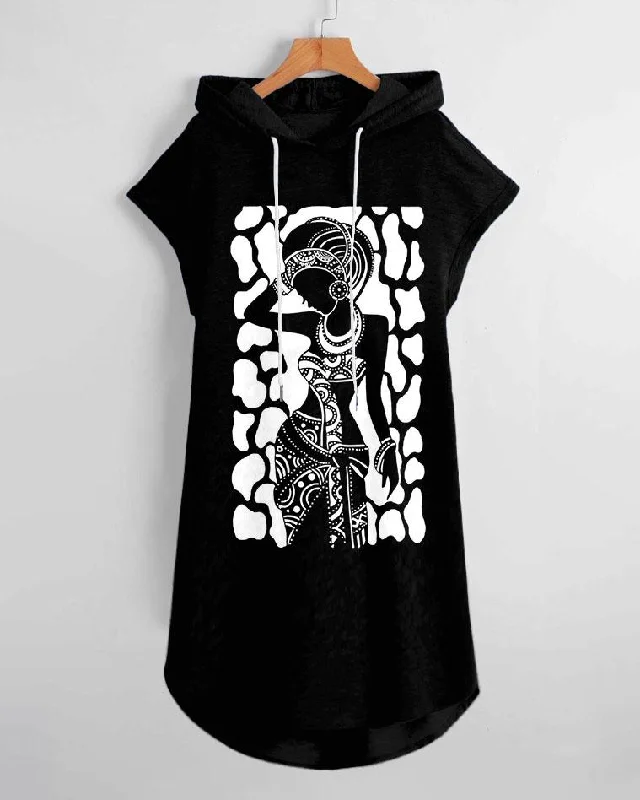 Ethnic Print Drawstring Hooded Dress