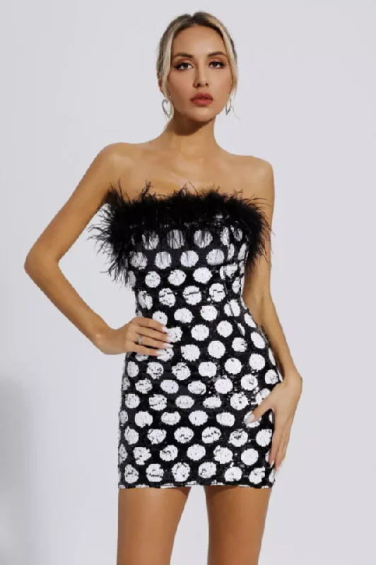 Feather Trim Polka Dot Sequin Dress