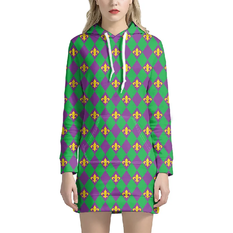 Fleur-De-Lis Mardi Gras Pattern Print Pullover Hoodie Dress
