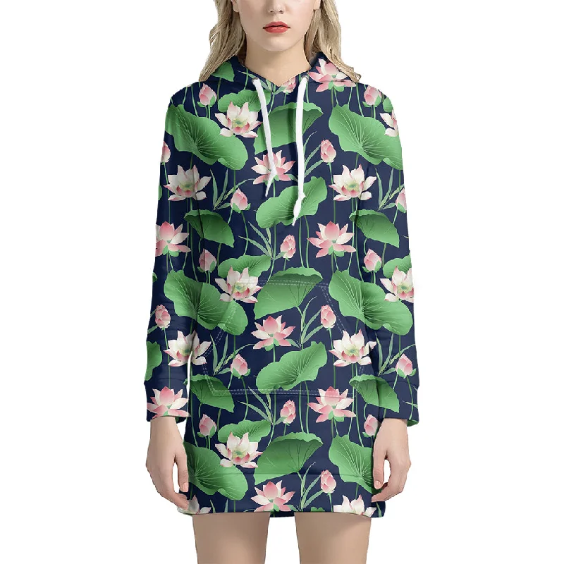Flower And Leaf Lotus Pattern Print Pullover Hoodie Dress
