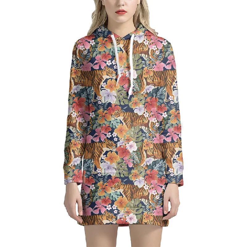 Flower And Tiger Pattern Print Pullover Hoodie Dress