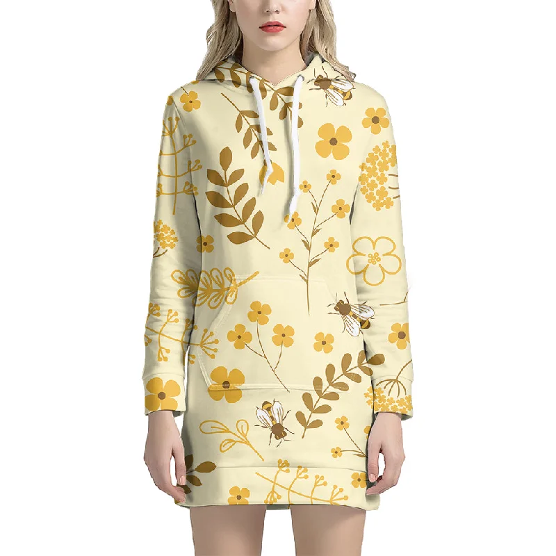 Flower Bee Pattern Print Pullover Hoodie Dress