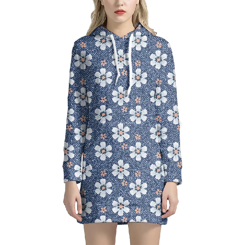 Flower Denim Jeans Pattern Print Pullover Hoodie Dress