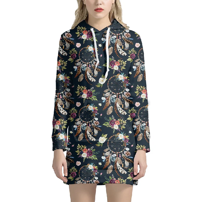 Flower Dream Catcher Pattern Print Pullover Hoodie Dress