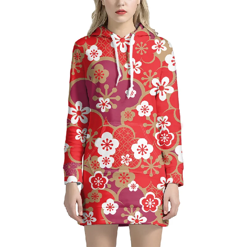 Flower Kimono Pattern Print Pullover Hoodie Dress
