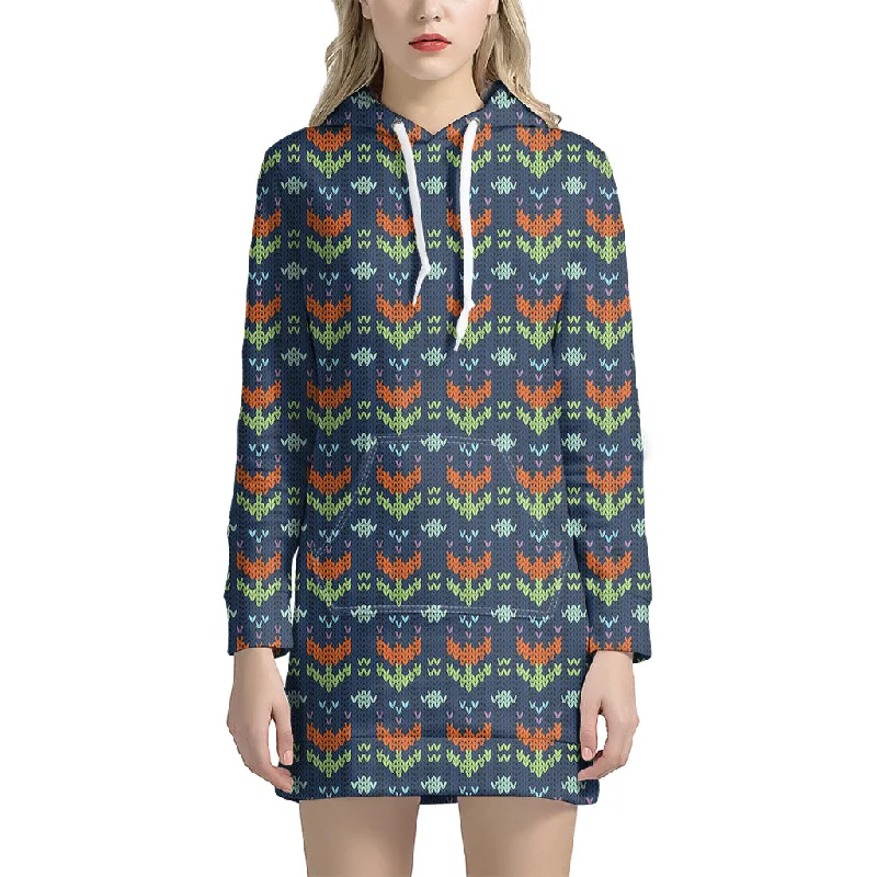 Flower Knitted Pattern Print Pullover Hoodie Dress