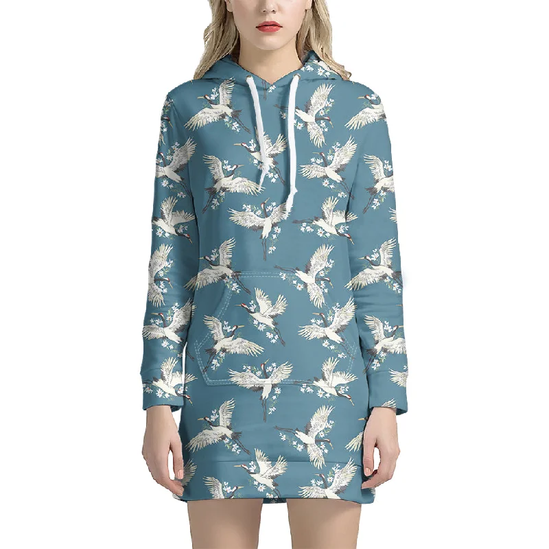Flying Crane Bird Pattern Print Pullover Hoodie Dress