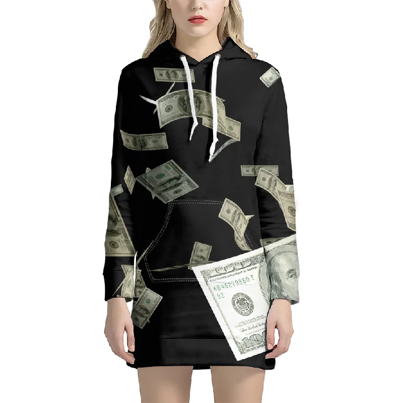 Flying US Dollar Print Pullover Hoodie Dress