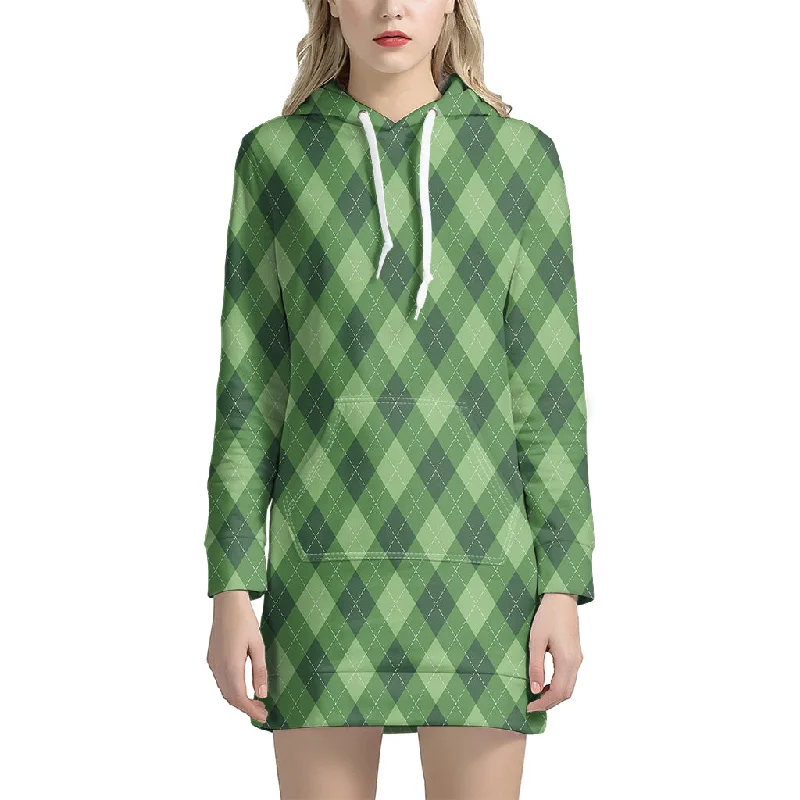 Forest Green Argyle Pattern Print Pullover Hoodie Dress