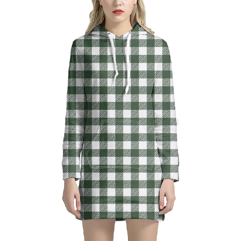 Forest Green Buffalo Check Pattern Print Pullover Hoodie Dress