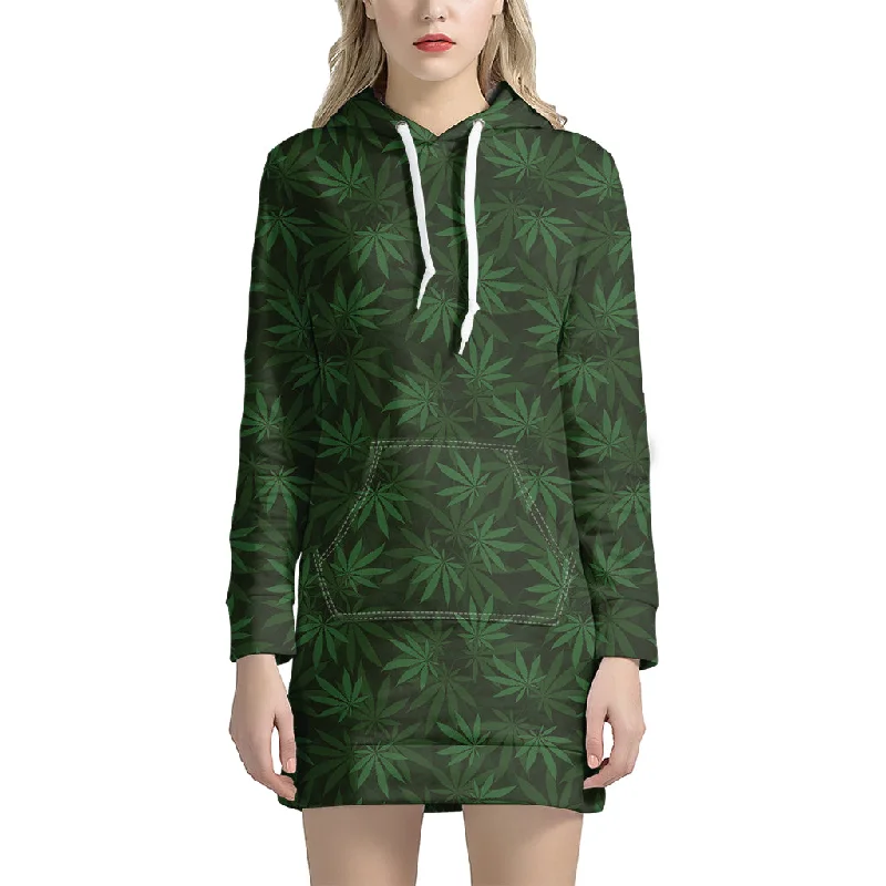 Forest Green Cannabis Leaf Print Pullover Hoodie Dress
