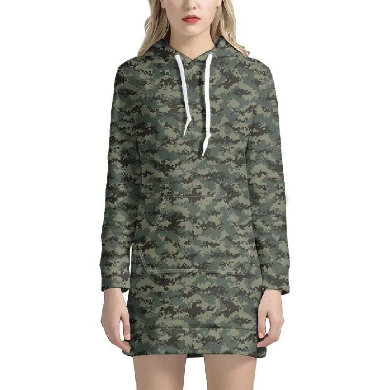 Forest Green Digital Camo Pattern Print Pullover Hoodie Dress