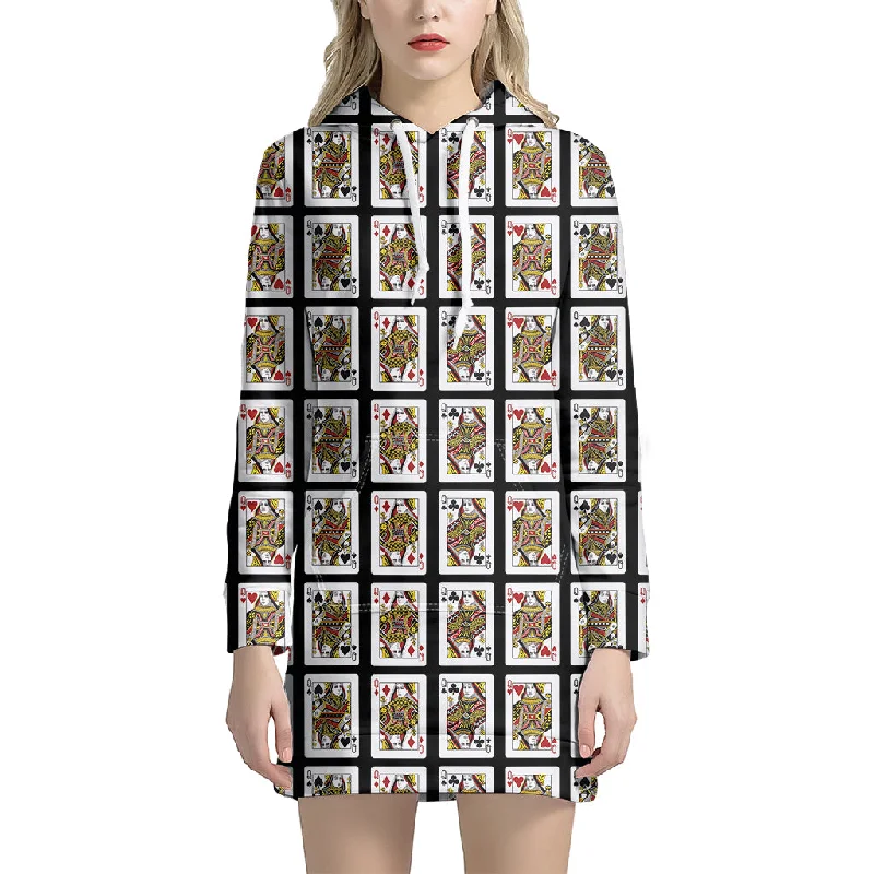 Four Queens Playing Cards Pattern Print Pullover Hoodie Dress