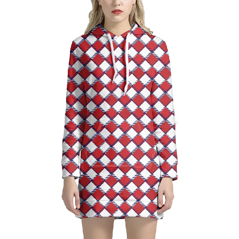 Fourth of July American Plaid Print Pullover Hoodie Dress