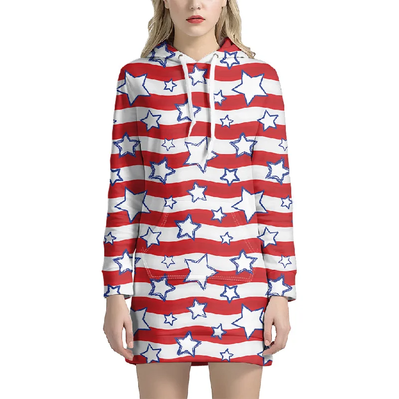 Fourth of July USA Star Pattern Print Pullover Hoodie Dress