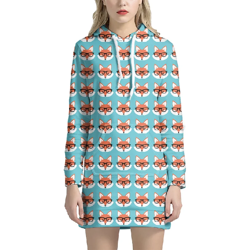 Fox With Glasses Pattern Print Pullover Hoodie Dress