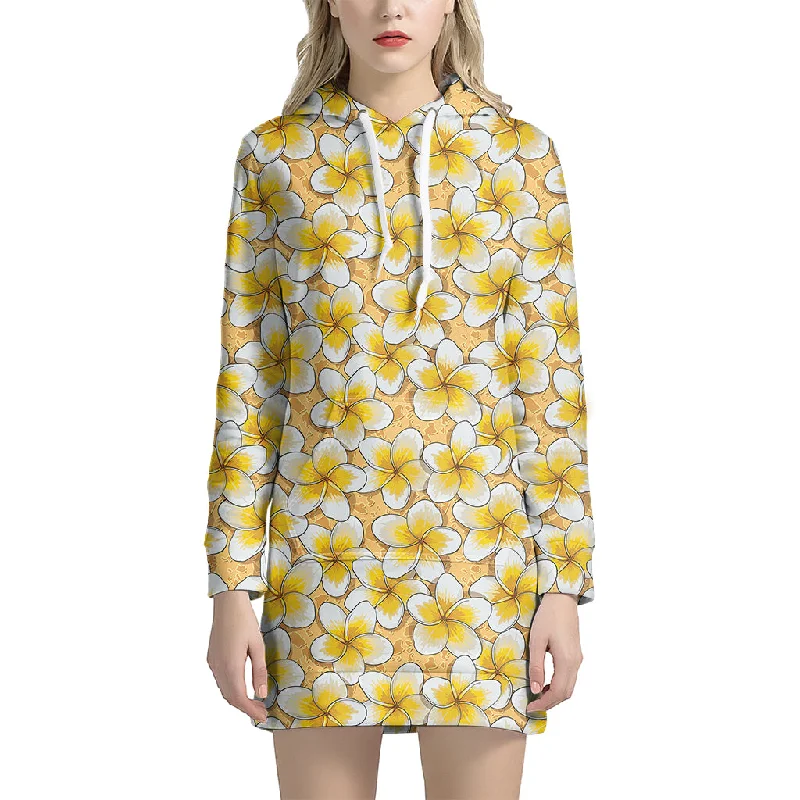 Frangipani Flower Pattern Print Pullover Hoodie Dress