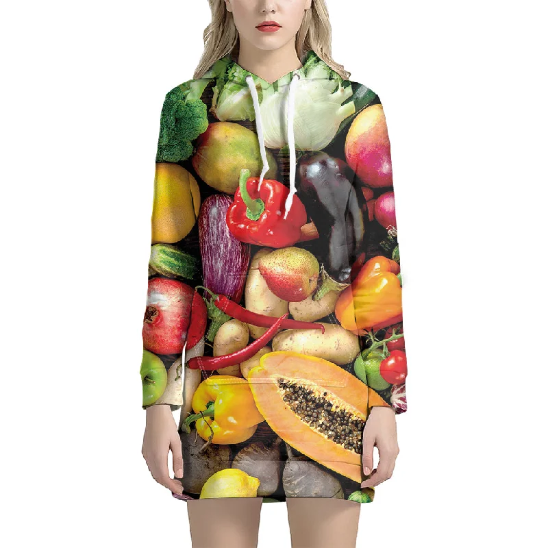 Fresh Fruits And Vegetables Print Pullover Hoodie Dress