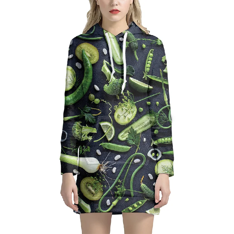 Fresh Green Fruit And Vegetables Print Pullover Hoodie Dress