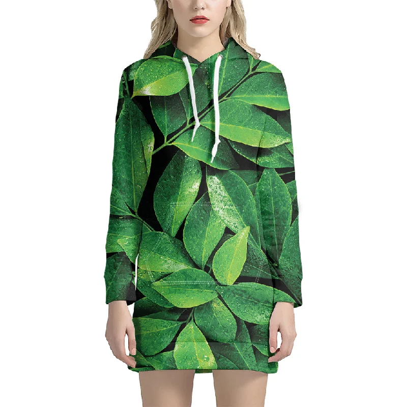 Fresh Green Leaf Print Pullover Hoodie Dress