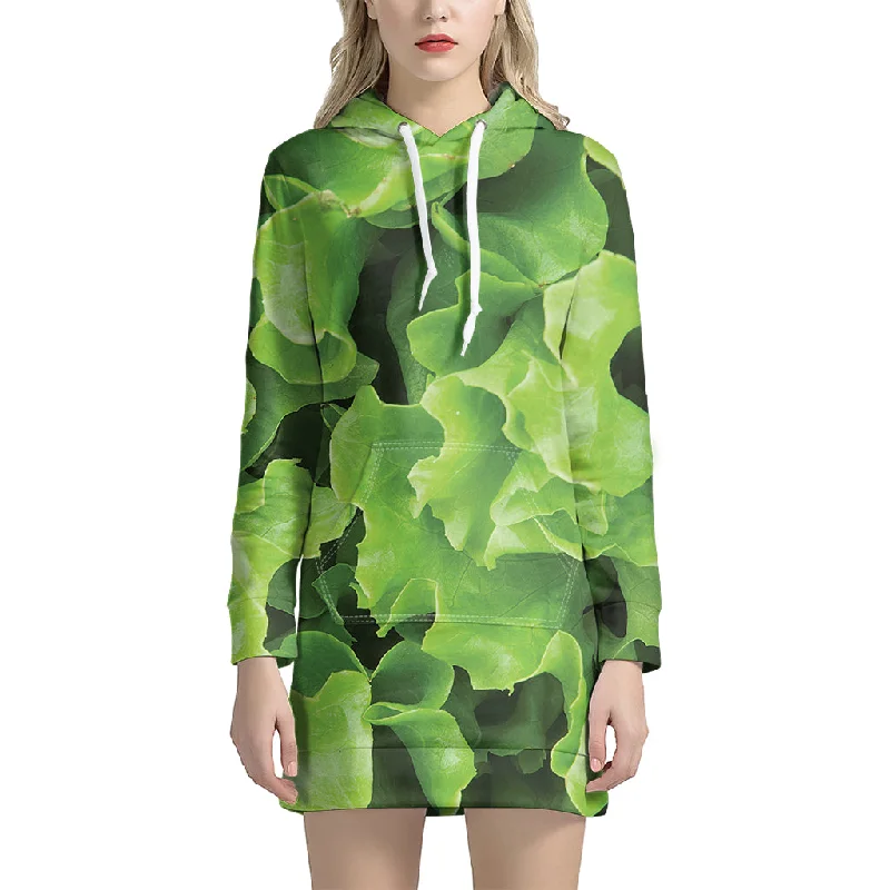 Fresh Lettuce Leaves Print Pullover Hoodie Dress