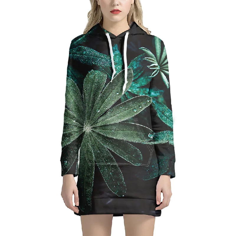 Fresh Tropical Leaf Print Pullover Hoodie Dress