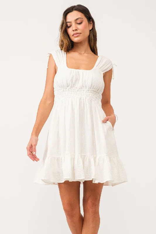 HOPE CINCHED TIE DRESS WHITE GAUZE