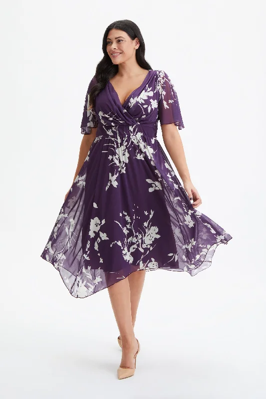 Julie Purple Ivory Hanky Hem Dress