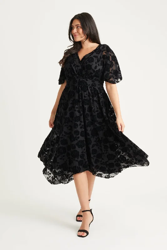 Julie Black Velvet Flock Hanky Hem Dress