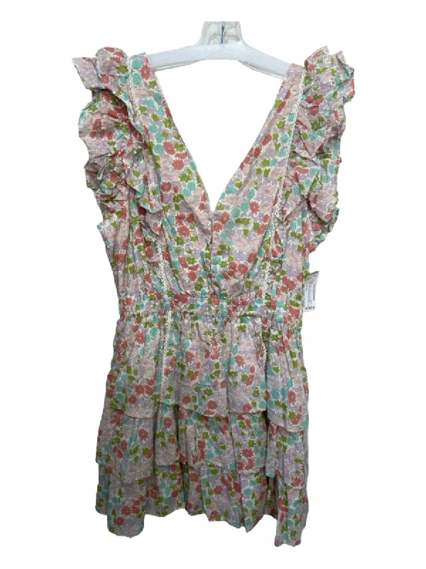 Love The Label Size L White & Multi Cotton V Neck & Back Ruffle Cap Sleeve Dress