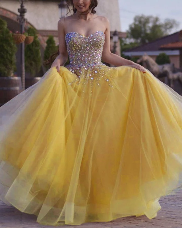 Luxury Sequins Beaded Sweetheart Tulle Prom Long Dresses