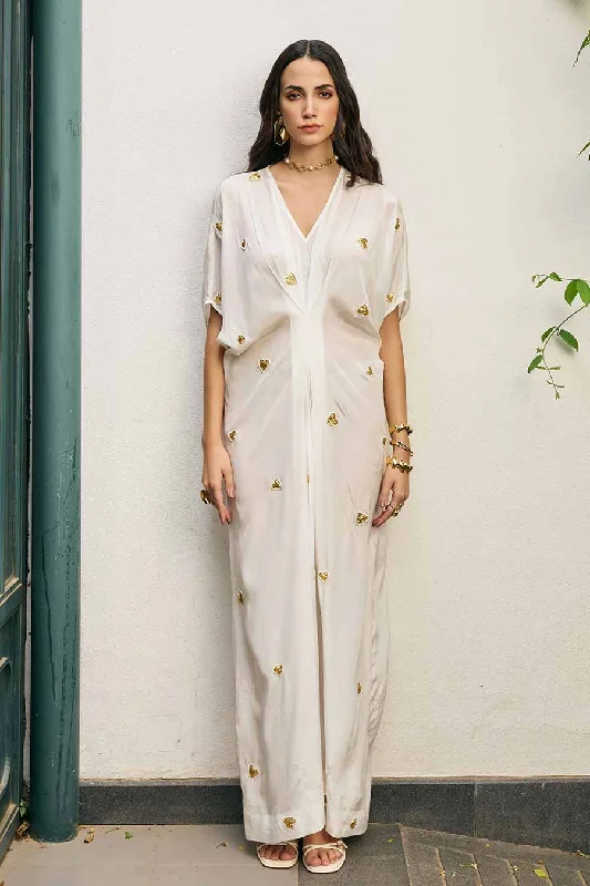 White Embroidered Heart Motif Kaftan Long Dress