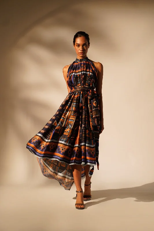 Midnight Blue Aztec Print Halter Neck Dress