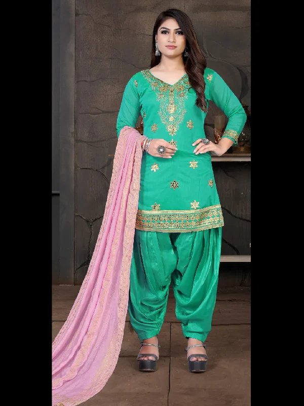 Mint Designer Pakistani Semi-Stitched Patiyala Dress With Embroidery Work