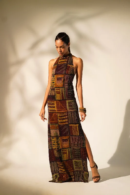Multicolour Abstract Print Halter Neck Dress With Hand Baroque In Metallic Embellishment