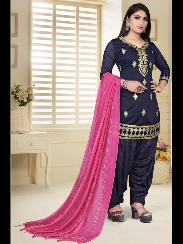Navy Blue Designer Pakistani Semi-Stitched Patiyala Dress With Embroidery Work