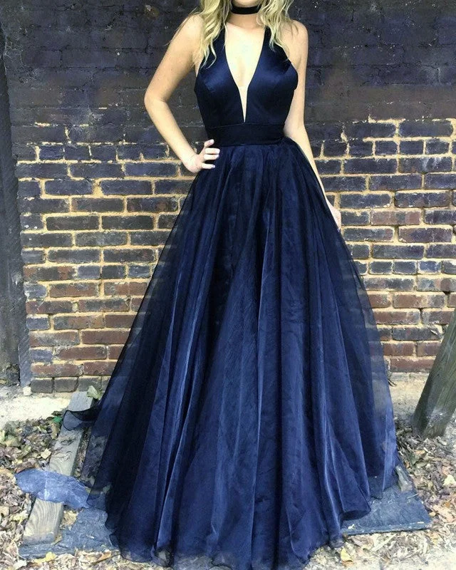 Navy Blue Prom Dress Long Halter Evening Gowns