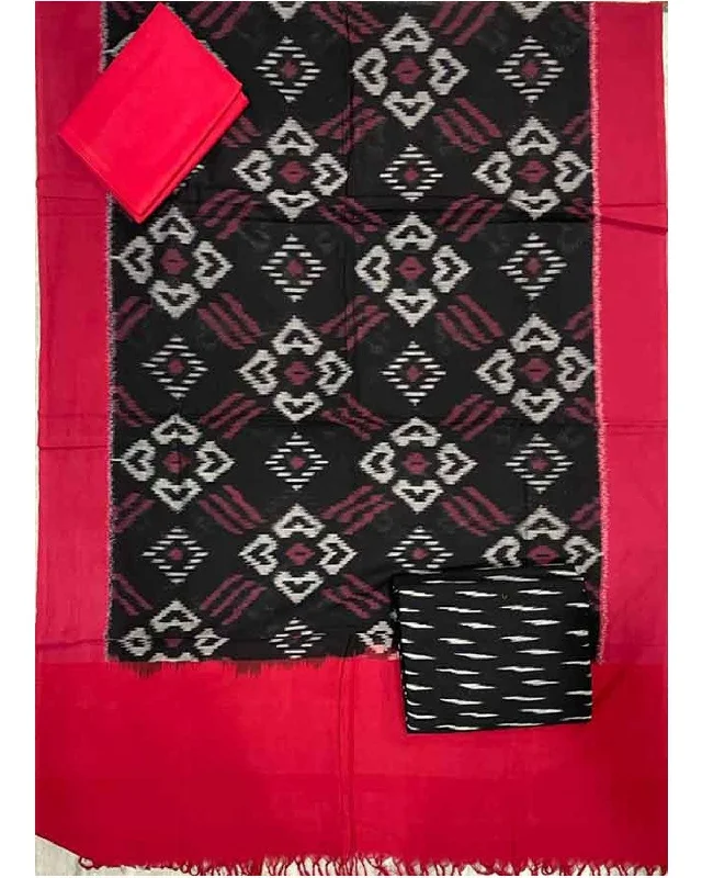 POCHAMPALLY IKAT COTTON BLACK WITH RED COLOR DRESS MATERIAL - C9