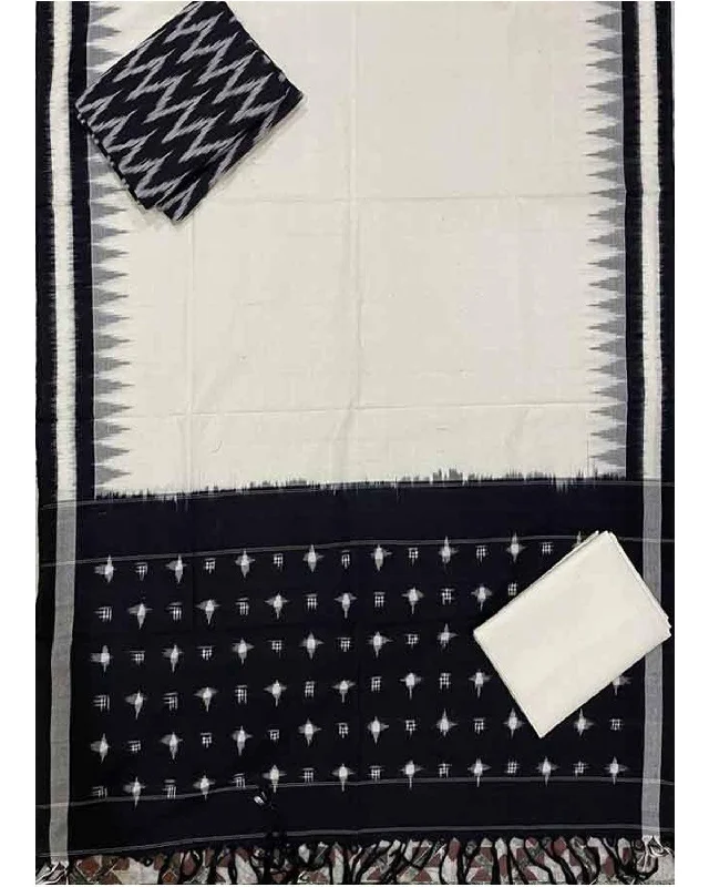 POCHAMPALLY IKAT COTTON WHITE WITH BLACK COLOR DRESS MATERIAL -C64