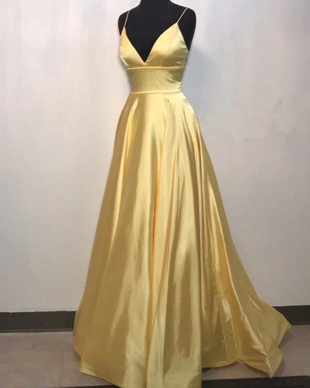 Sexy Spaghetti Straps V-neck Floor Length Satin Prom Dresses