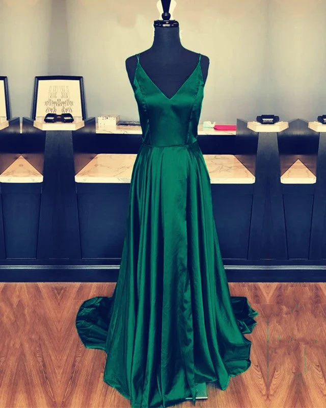 Multi-straps V-neck Long Satin Prom Dresses With Slit