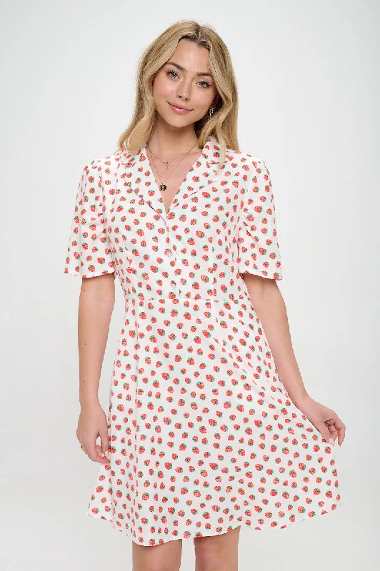 Strawberry All Over Print Button Front Dress