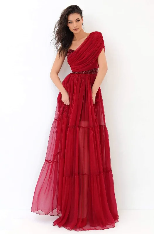 Tarik Ediz - 93814 Asymmetric Ruched Tulle Long Dress