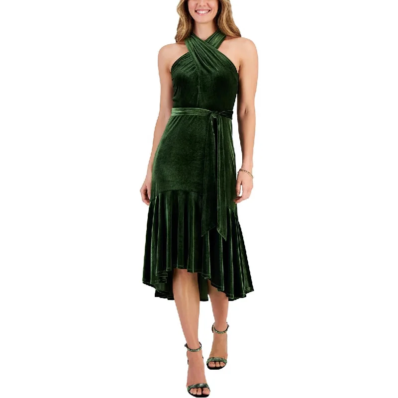 Taylor Womens Velvet Belted Evening Dress