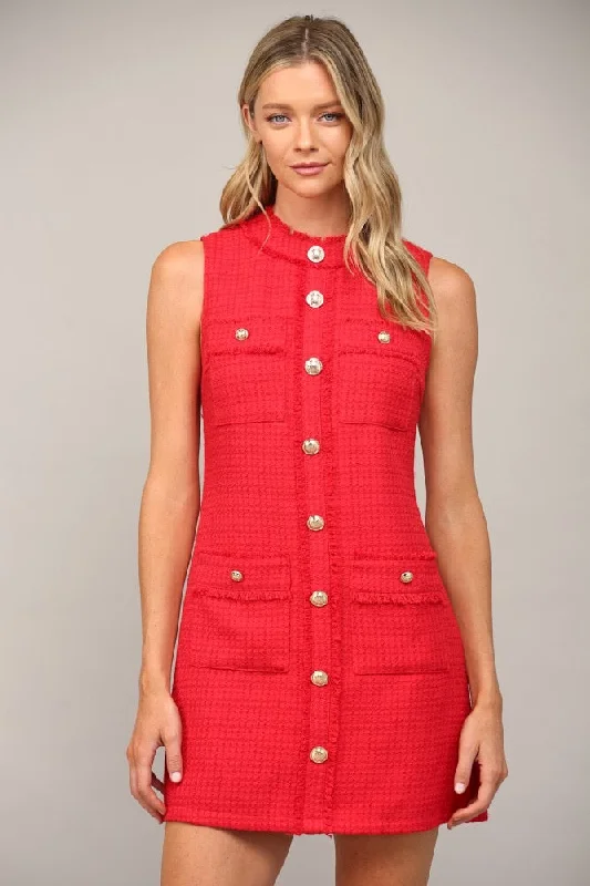 Tweed Dress Pockets Red