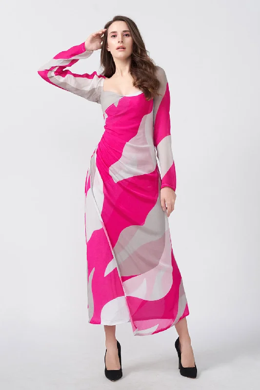 Pink Abstract Printed Overlap Long Dress