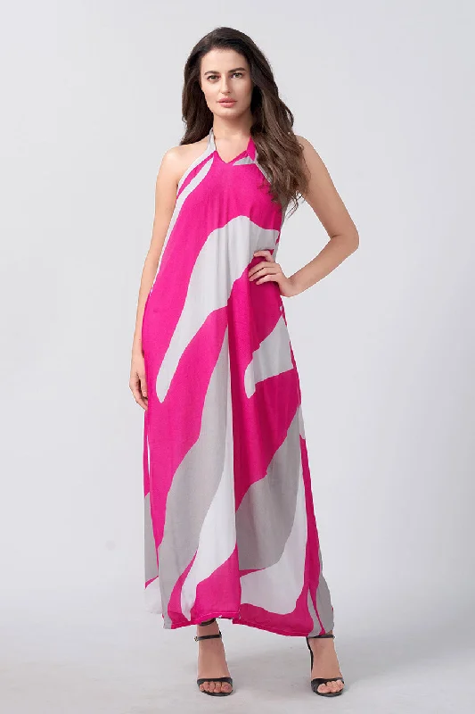 Pink Abstract Printed Halter Long Dress