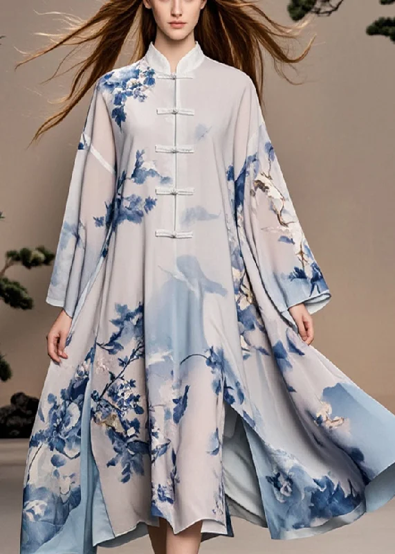 Vintage White Print Chinese Button Side Open Chiffon Oriental Dress Fall