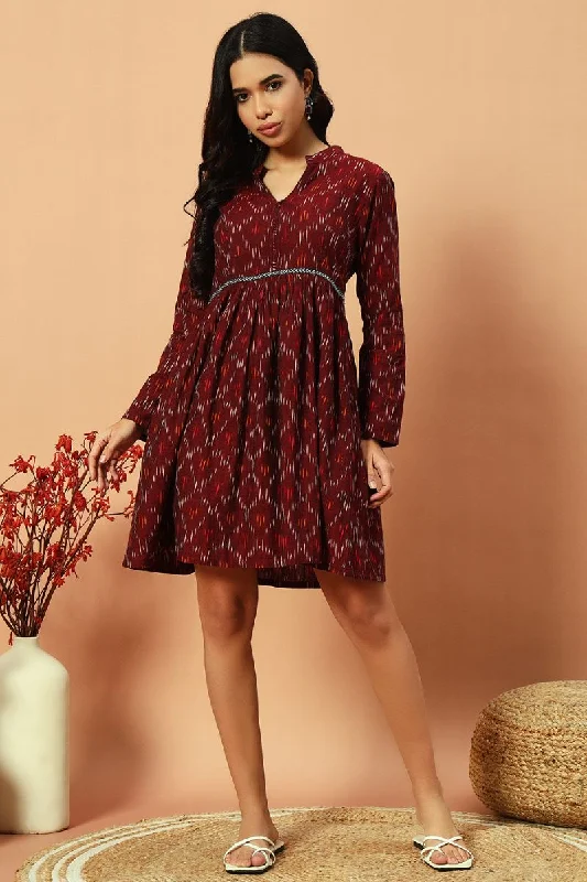 Wine Ikat Flare Dress