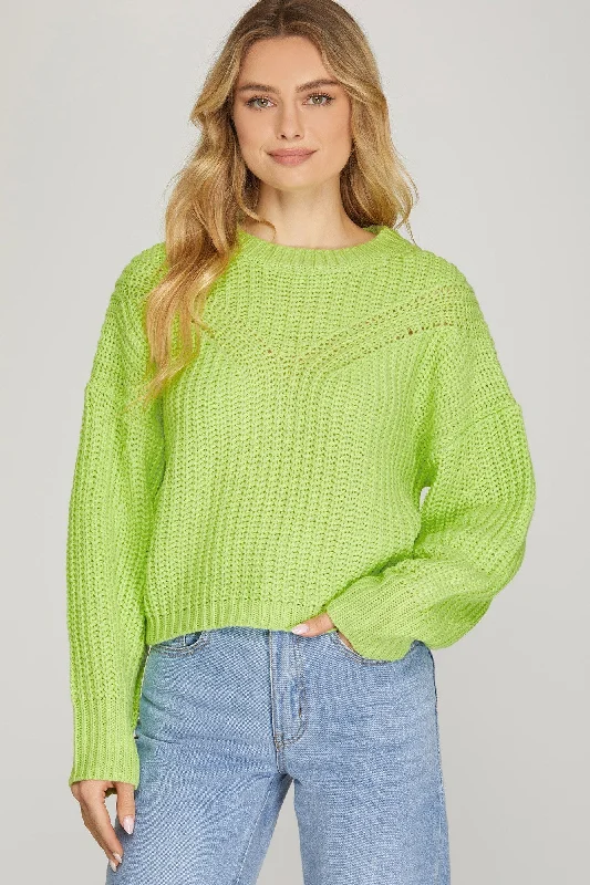 Puff Sleeve Crewneck Pullover Sweater Anti-Pilling Anti-Shrink Durable